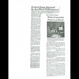 Photocopies of Boston Globe articles about group of Roxbury citizens visiting New Haven redevelopment area, and St. Mark's Congregational Church's involvement in urban renewal efforts