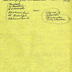 Handwritten note containing a list of Boston-area neighborhoods