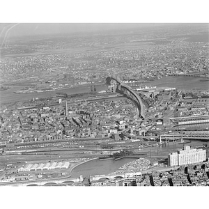 Charlestown, Bunker Hill, left, Mystic River (Tobin) Bridge, center, towards Chelsea, Boston, MA