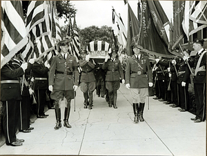 Funeral casket being borne into church for services for Congressman William P. Connery, June 21, 1937