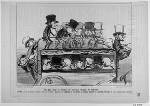 Vue, plan, coupe et élévation des nouveaux omnibus du boulevard. NOTA. - Ces nouvelles voitures ont reçu la haute approbation de l'homme à la perche, de l'homme mouche, de l'intrépide Thévelin et autres Gymnasiarques distingués.