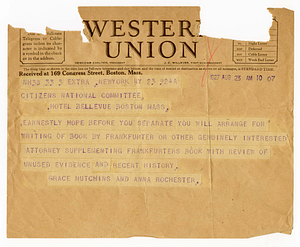 Telegram from Grace Hutchins and Anna Rochester to Citizens National Committee for Sacco and Vanzetti, August 23, 1927