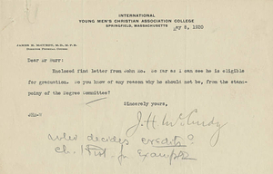 Letter from Dr. James McCurdy to Hanford Burr (May 8, 1920)