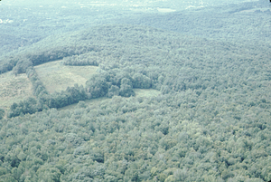 Aerial oblique view east of Andrew Bernardy's Farm (right) on 2 Sept 1971.