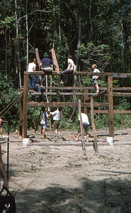 Second pair of rafters being installed at the Moon Barn Raising at entrance to Hopkins Forest on 2 August 1975.
