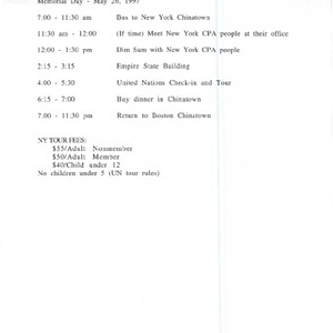 Itinerary for a trip to New York sponsored by the Chinese Progressive Association