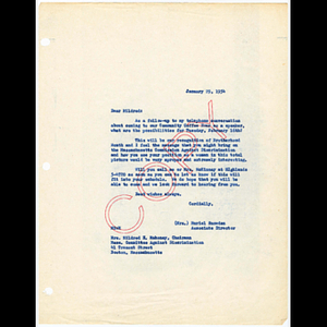 Letter from Muriel Snowden to Mildred H. Mahoney, Chairman of the Massachusetts Committee Against Discrimination about speaking at Freedom House Coffee Hour