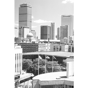 The Boston skyline behind Northeastern University campus buildings