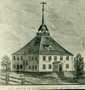 Photograph of a woodcut depicting the exterior of the Old Ship Meeting House, Hingham, about 1850.
