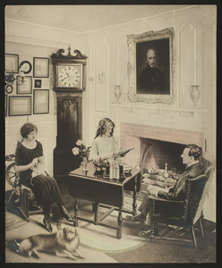 Interior portrait of a family in front of a fireplace