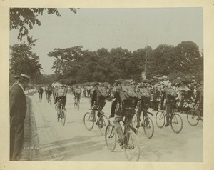 Parade of men on bicycles on the Fenway, Boston, Mass., undated