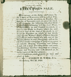 Executor's sale for the Captain Levi Pease Farm, Shrewsbury, Mass., October 25, 1824