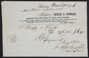 Billhead for Mixer & Pitman, agents for the sale of oils and starch, 147 Milk Street, Boston, Mass., dated March 20, 1846