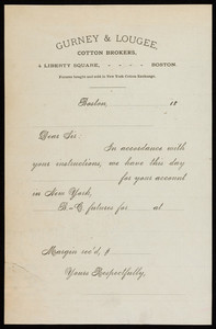Letterhead for Gurney & Lougee, cotton brokers, 4 Liberty Square, Boston, Mass., 1800s