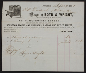 Billhead for Boyd & Wright, McGregor Stoves and Furnaces, parlor and office stoves, 74 Weybosset Street, Providence, Rhode Island, dated September 27, 1864