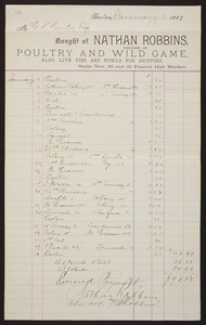 Billhead for Nathan Robbins, poultry and wild game, Stalls nos.33 and 35 Faneuil Hall Market, Boston, Mass., dated January 31, 1888