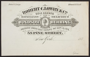 Billhead for Robert C.Lowry & Co., Windsor Herring, 55 Pine Street, New York, ca. 1878
