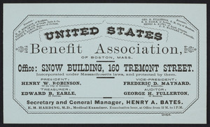 Trade card for the United States Benefit Association of Boston, Mass., Snow Building, 160 Tremont Street, Boston, Mass., undated