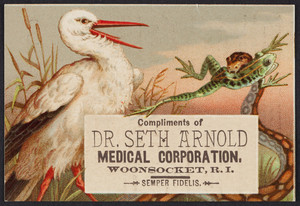 Trade card for the Dr. Seth Arnold Medical Corporation, Woonsocket, Rhode Island, undated