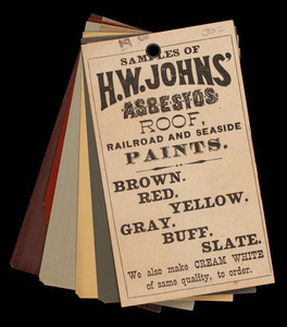 Samples of H.W. Johns' asbestos roof, railroad and seaside paints, H.W. Johns M'F'G Co., 87 Maiden Lane, New York, New York