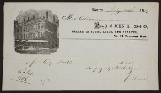 Billhead for John H. Rogers, boots shoes, and leather, No. 11 Tremont Row, Boston, Mass., dated September 10, 1849