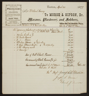 Billhead for Morse & Gipson, Dr., masons, plasterers and jobbers, Office No. 4 Lowell Place, Boston, Mass., dated April 25, 1877