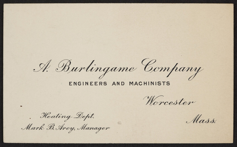 Trade card for A. Burlingame Company, engineers and machinists, Worcester, Mass., undated
