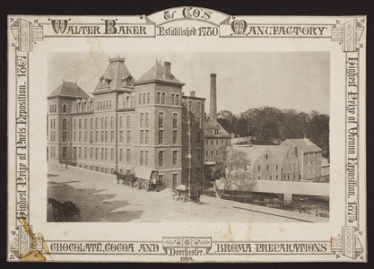 Handbill for Walter Baker & Co's Manufactory, chocolate, cocoa and broma preparations, Dorchester, Mass., undated