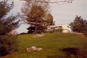 Exterior view of Gropius House from across grounds, Lincoln, Mass.