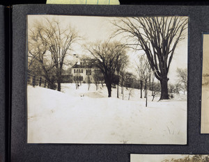 Exterior in snow, black and white, Hamilton House, South Berwick, Maine