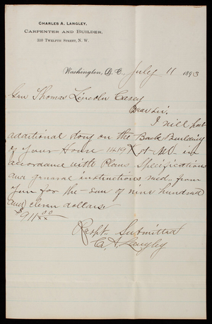 Charles A. Langley to Thomas Lincoln Casey, July 11, 1893