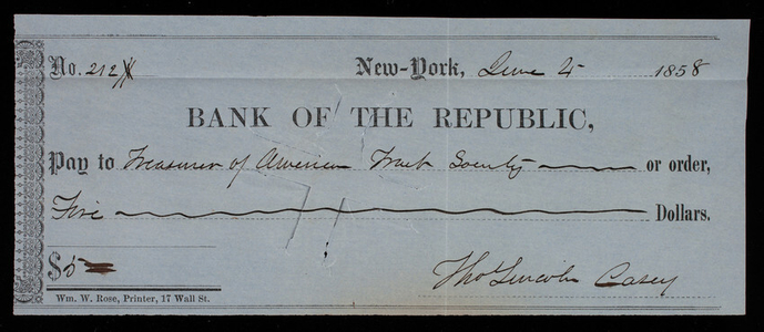 Treasurer of American Fruit Society, June 4, 1858, check