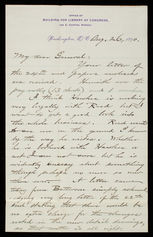 [Bernard] R. Green to Thomas Lincoln Casey, August 26, 1890