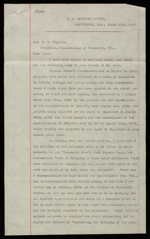 Philip M. Price to Col. W. D. Chipley, March 18, 1890, copy