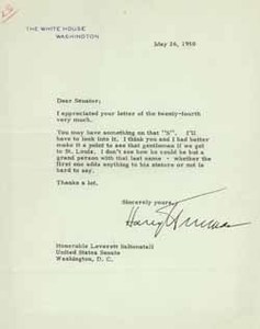 Letter from Harry Truman to Leverett Saltonstall, 26 May 1950