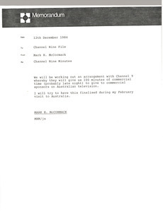 Memorandum from Mark H. McCormack to Channel Nine file