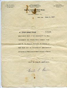 Letter from Evarts I. Suidder to American Field Service Paris headquarters