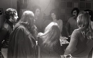 Commune members preparing for interview on the WGBY program Catch 44 (public access television): David Schonbrunn (far left), Bruce Geisler, and Anne and James Baker (l. to r., black to camera)