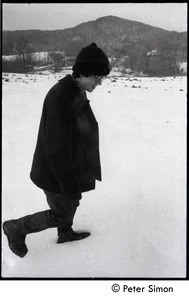 Raymond Mungo trudging through the snow, Packer Corners commune