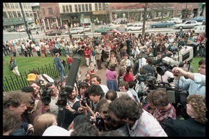 Scene outside the Hampshire County courthouse following acquittal in the CIA protest trial: news media crowding the courthouse steps