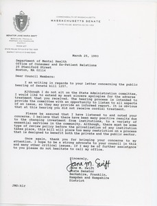 Letter from Jane M. Swift to Department of Mental Health council members
