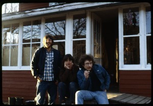 Harvey Wasserman, Terry Carter, and Charles Light on the front porch, Montague Farm Commune