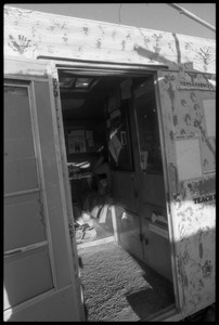 View into the doorway of a camper at the Nevada Test Site peace encampment
