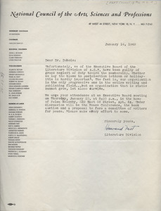 Letter from National Council of the Arts, Sciences and Professions to W. E. B. Du Bois