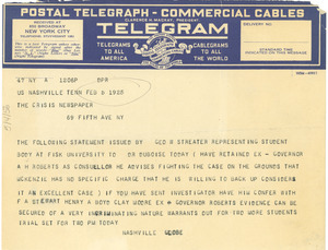 Telegram from The Nashville Globe to The Crisis