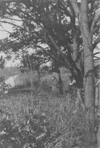 Two men in a woodsy field