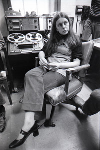 Bernadette Devlin McAliskey talking to reporters in the WBCN production room