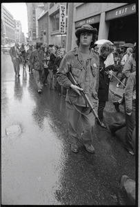 Vietnam Veterans Against the War demonstration 'Search and destroy': veterans leading "prisoner of war" down Washington Street