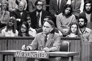 Taping 'The Advocates' television show on WGBH: William Kunstler, with studio audience in background