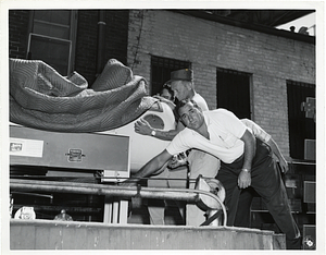 Unidentified men moving an iron lung